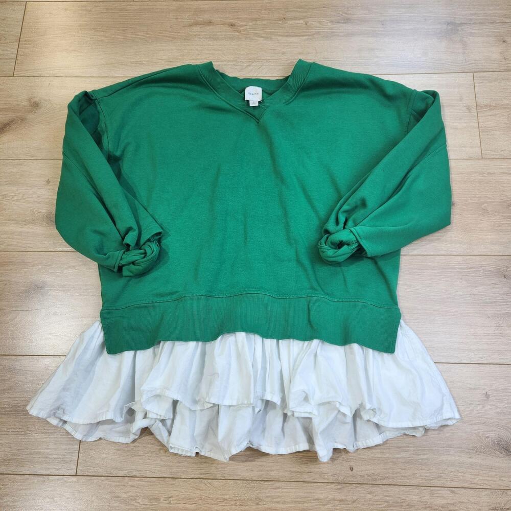 Maeve Twofer Sweater Womens Large Green Ruffle Hem Layered Pullover Sweatshirt